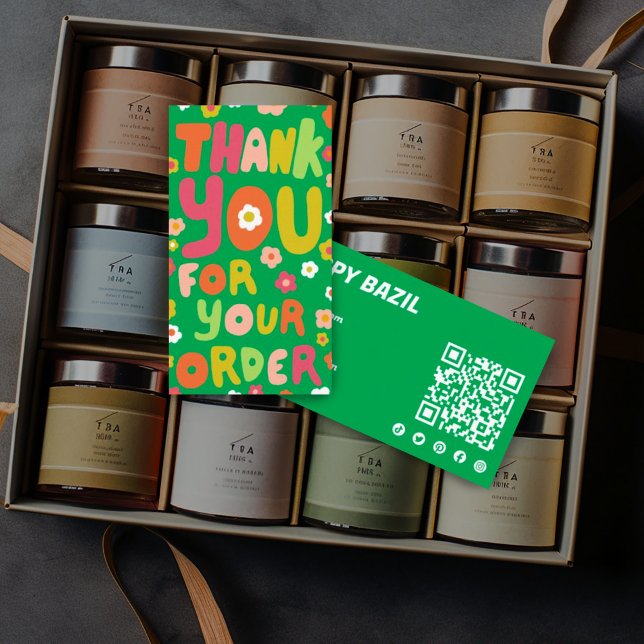 Carte De Visite Merci pour les marguerites de commande mignon code (Colorful handlettered daisy thank you card with QR code and social icons)