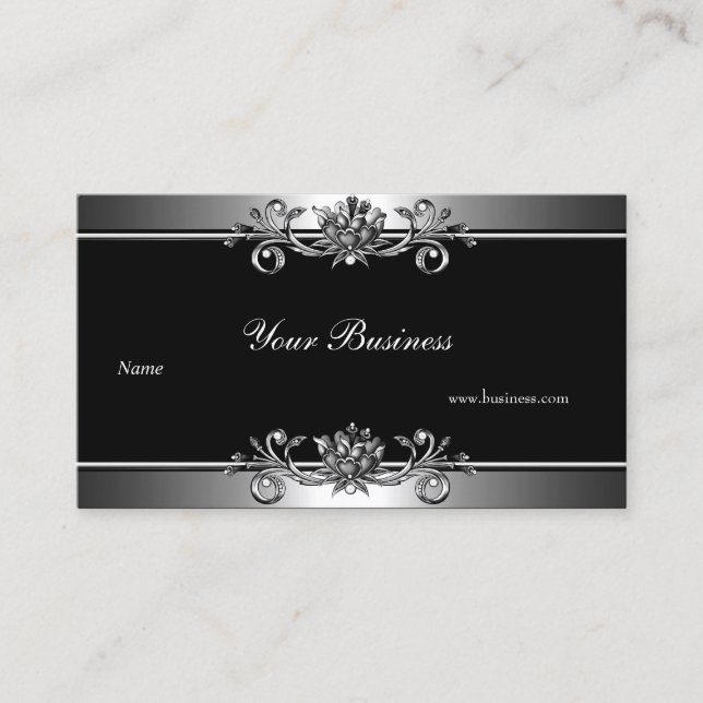 Carte De Visite Métal Argent Look Black Elegant Bijou Floral (Devant)