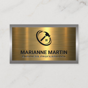 Carte De Visite Métal Argent Or Brossé   Logo Marteau Accueil