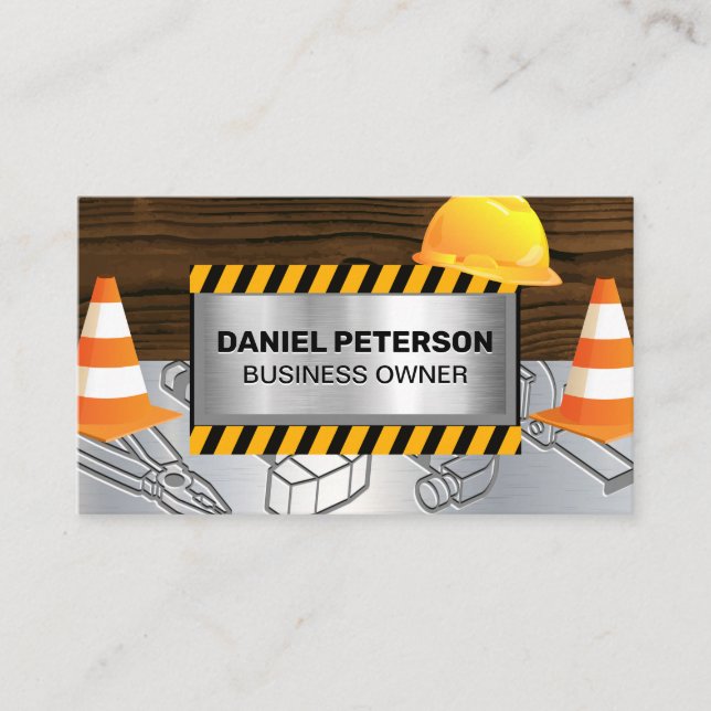 Carte De Visite Métal bois | Site de construction | Attention (Devant)