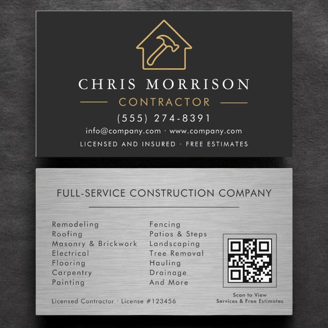 Carte De Visite Metal Building Construction Black Gold QR Code (Créateur téléchargé)