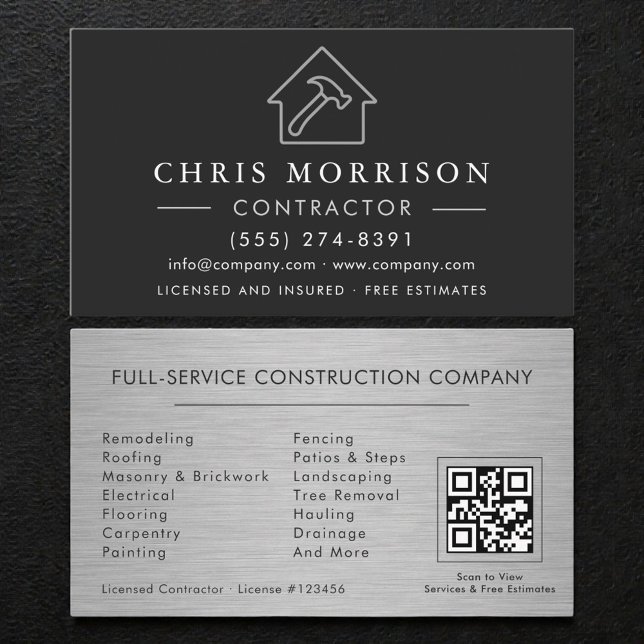 Carte De Visite Metal Building Construction Black Silver QR Code (Créateur téléchargé)