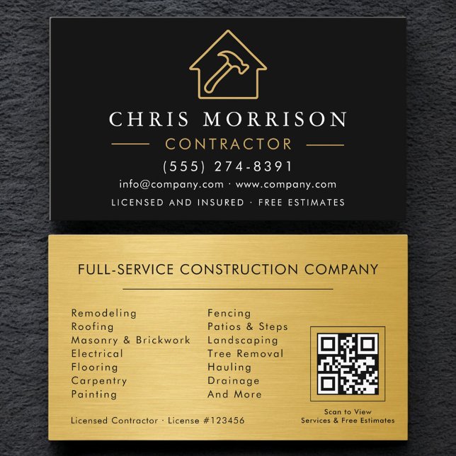 Carte De Visite Metal Building Construction QR Code Black Gold  (Créateur téléchargé)