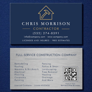 Carte De Visite Métal Construction Marine Blue Gold QR Code