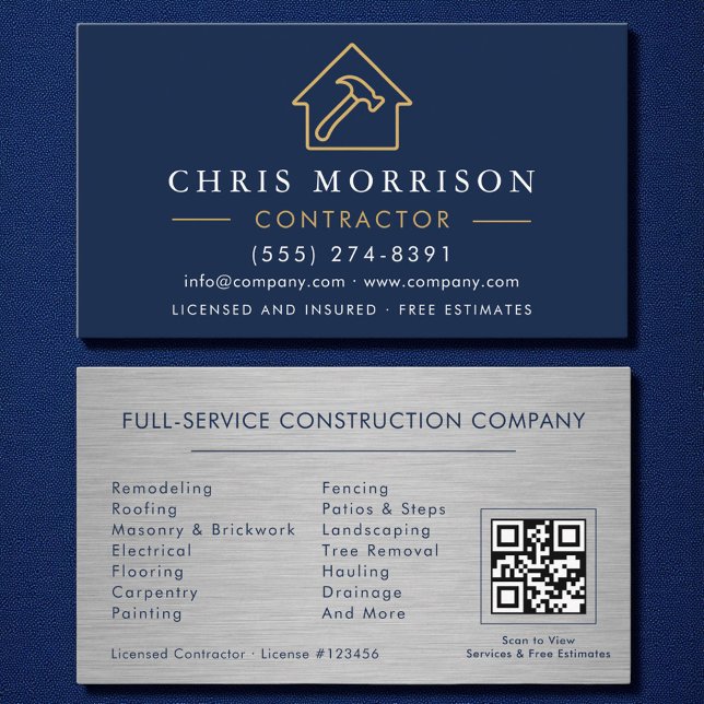 Carte De Visite Métal Construction Marine Blue Gold QR Code (Créateur téléchargé)