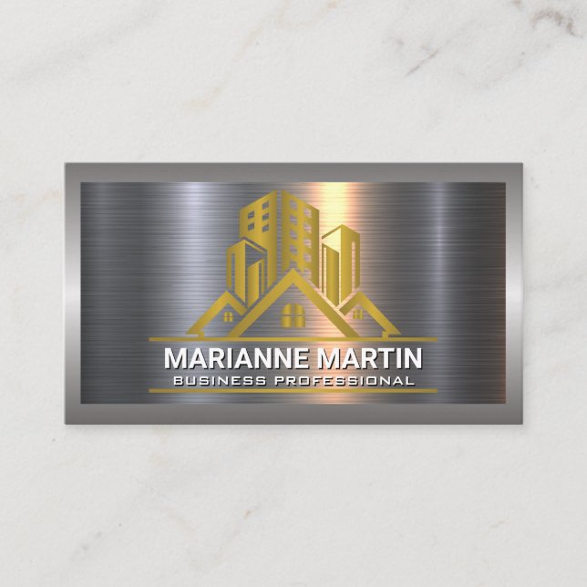 Carte De Visite Métal d'or brossé | Logo immobilier de luxe (Devant)