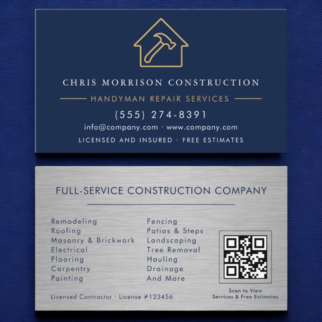 Carte De Visite Metal Handyman Construction Navy Blue Gold QR Code (Créateur téléchargé)