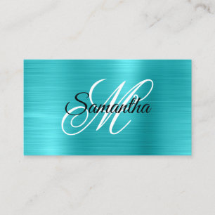 Carte De Visite Métal Turquoise Bleu Foil Fancy Monogramme