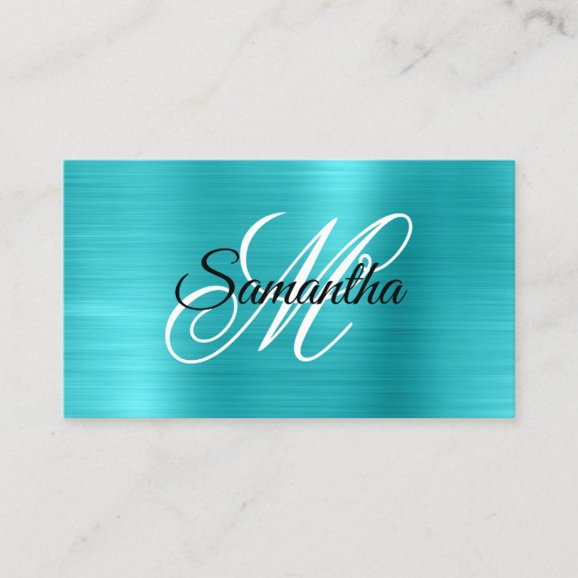 Carte De Visite Métal Turquoise Bleu Foil Fancy Monogramme (Devant)