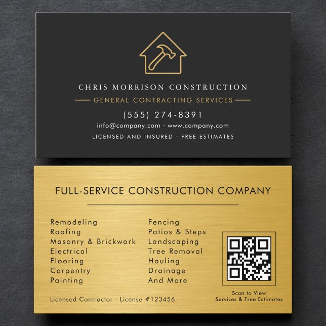 Carte De Visite Metallic Gold General Contractor QR Code (Créateur téléchargé)