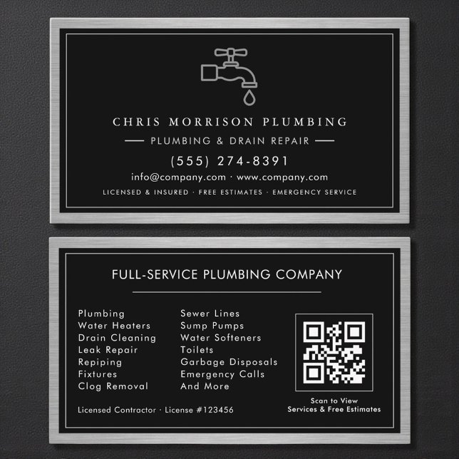 Carte De Visite Metallic QR Code Plumbing Services Black Silver  (Créateur téléchargé)