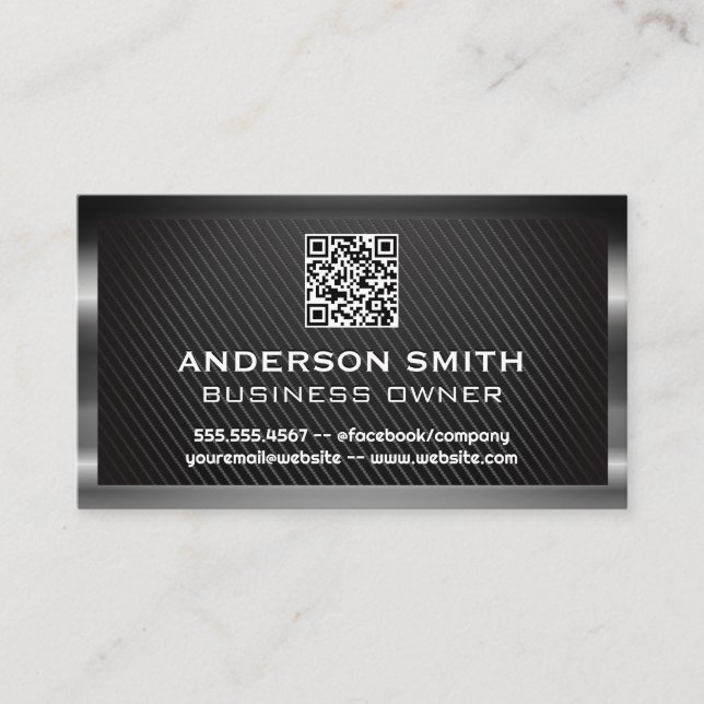 Carte De Visite Métallique brossé | Code QR | Fibre de carbone (Devant)
