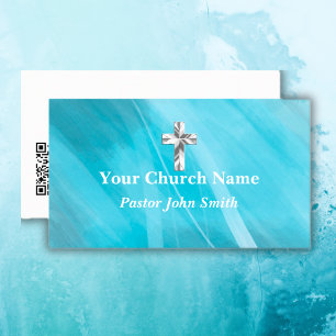 Carte De Visite Métallo Bleu Silver Church Pastor Christian Cross