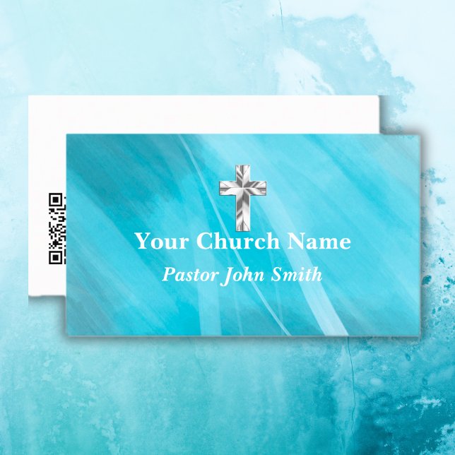 Carte De Visite Métallo Bleu Silver Church Pastor Christian Cross (Metallic Blue Silver Church Pastor Christian Cross Business Card)