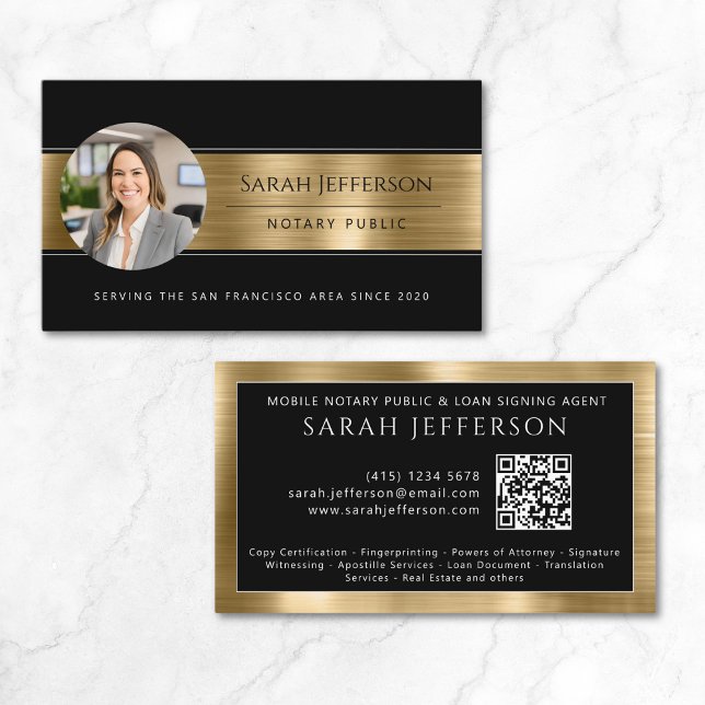 Carte De Visite Métallurgique Black Photo QR Notaire Public (Metallic Gold Black Photo QR Notary Public Business Card)