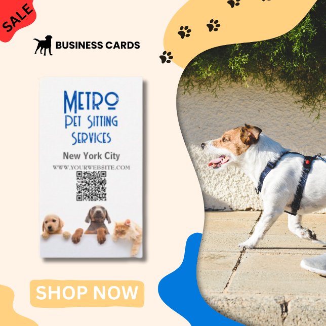 Carte De Visite Metro Animal assis Chien Chat Code QR (Pet Sitter Business Cards)