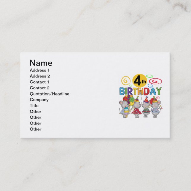 Carte De Visite Mice 4th Birthday T-shirts et cadeaux (Devant)