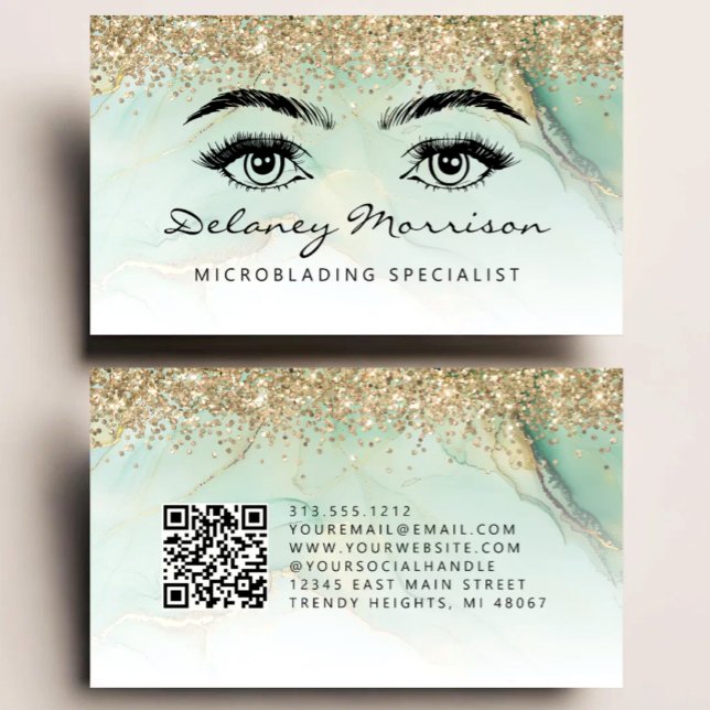Carte De Visite Microblading Code QR Yeux de Marbre Or Vert (Créateur téléchargé)