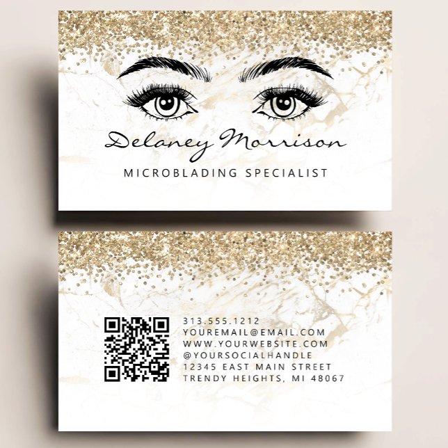 Carte De Visite Microblading Code QR Yeux Marbre Or Glamour (Créateur téléchargé)