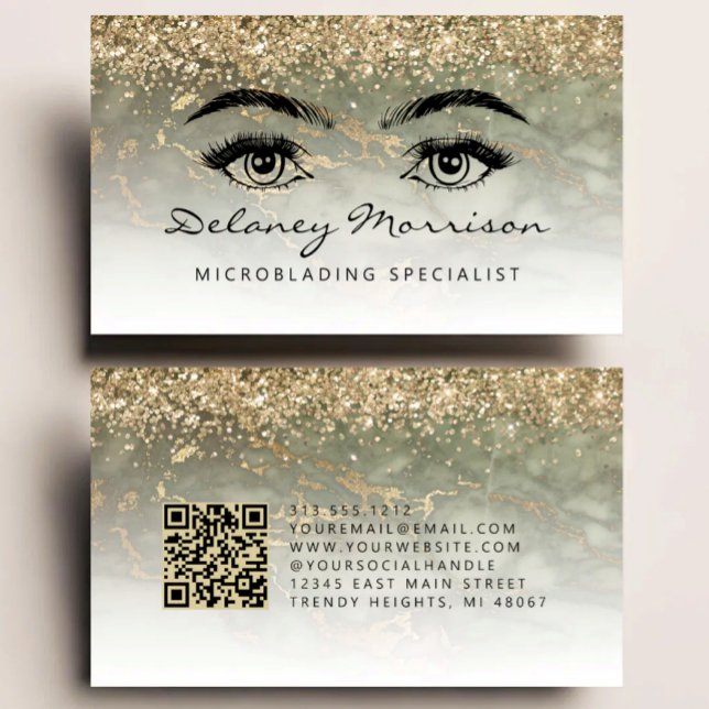 Carte De Visite Microblading Code QR Yeux Marbre Or Vert Olive (Créateur téléchargé)