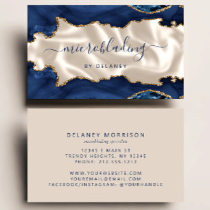 Carte De Visite Microblading Luxe Ivoire Agate Bleu Marine Or