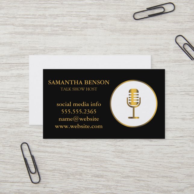 Carte De Visite Microphone musicien élégant | Chanteur | Hôte radi (Devant/Arrière en situation)