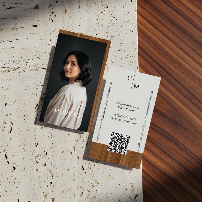 Carte De Visite Mid-century Modern Minimal Woodgrain Photo QR Code (Mid-century Modern Minimal Woodgrain Photo QR Code Business Card)
