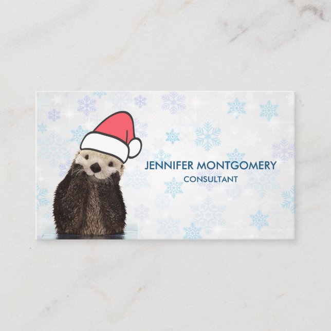 Carte De Visite Mignonne Otter portant un chapeau de Père Noël (Devant)