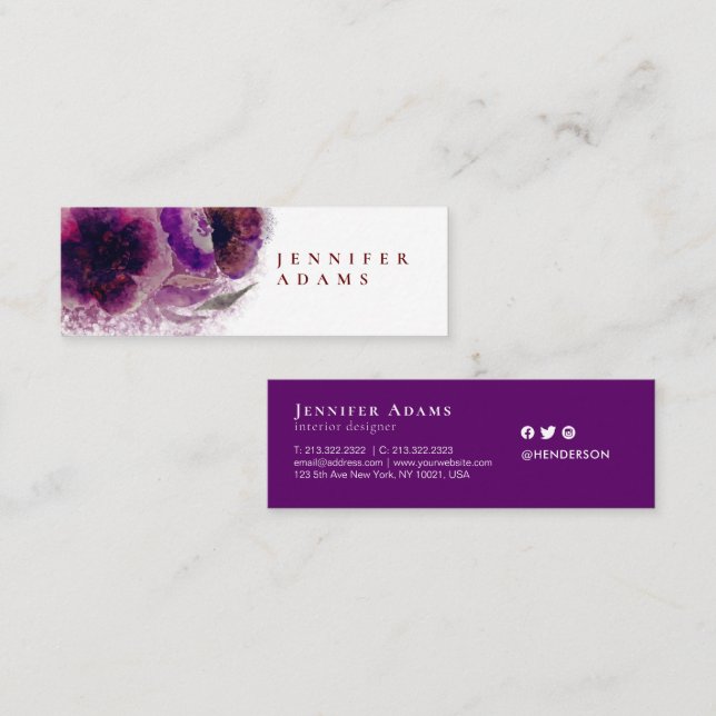 Carte De Visite Mini Aquarelle Burgundy et Plum peinture florale (Devant / Derrière)