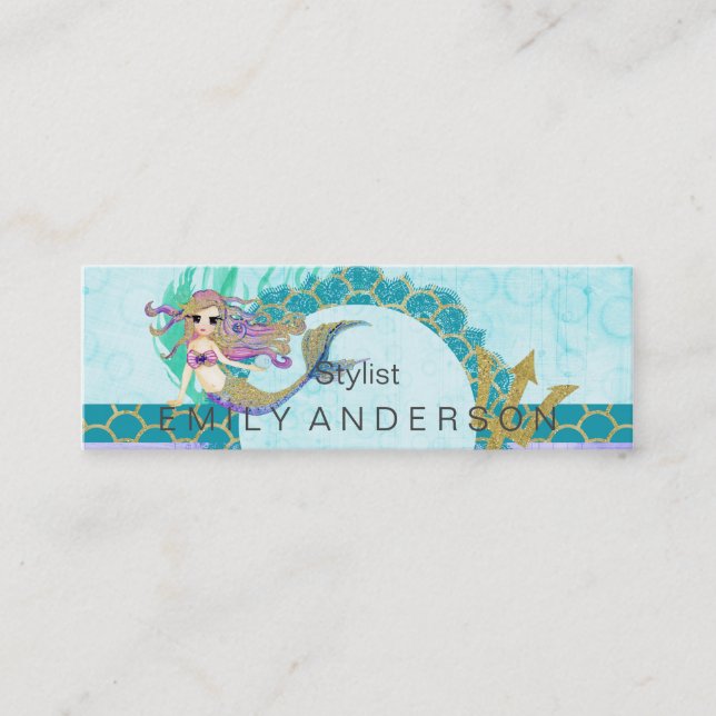 Carte De Visite Mini Aquarelle mignonne de sirène Monogramme Turquoise  (Devant)
