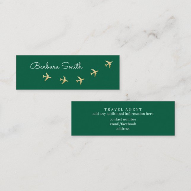 Carte De Visite Mini Avions volant sur vert. Agent de voyage (Devant / Derrière)