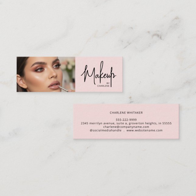 Carte De Visite Mini Blush Pink Black Script Photo Makeup (Devant / Derrière)