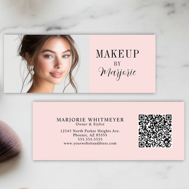 Carte De Visite Mini Blush Pink Black Script Photo QR Code Makeup (modern black blush pink script photo qr code makeup mini business card elegant)