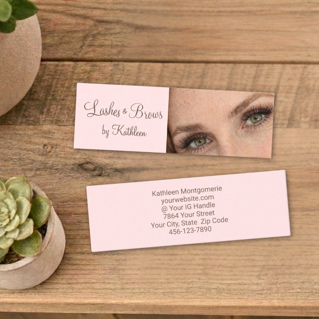 Carte De Visite Mini Blush Pink Mocha Script Photo Lashes and Brows (Créateur téléchargé)