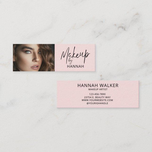 Carte De Visite Mini Blush Pink Script Photo Makeup (Devant / Derrière)