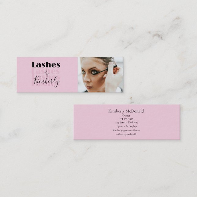 Carte De Visite Mini Blush Rose Noir Script Photo Lash Studio (Devant / Derrière)