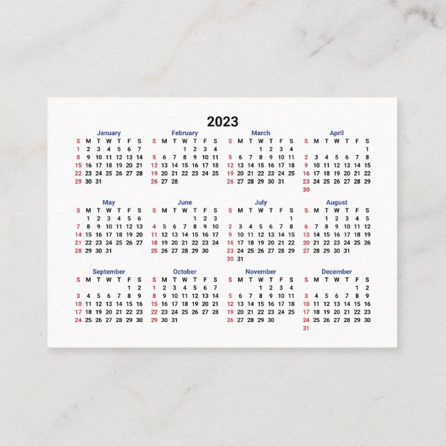 Carte De Visite Mini Calendrier 2023 DIMANCHE Début San Serif Poli (Dos)
