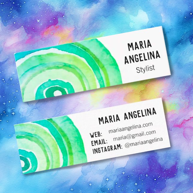 Carte De Visite Mini Cercles d'aquarelle Bagues neutres Vert Abstrait (Colorful green watercolor rings on this handpainted custom business card. Check my shop for more )