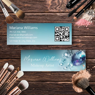 Carte De Visite Mini code qr d'artiste maquillage de diamants bleu élég