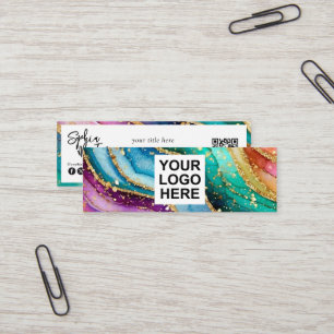 Carte De Visite Mini Code QR & Logo Élégant Agate arc-en-ciel paillette