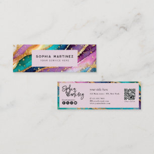 Carte De Visite Mini Code QR & Logo Élégant Agate arc-en-ciel paillette