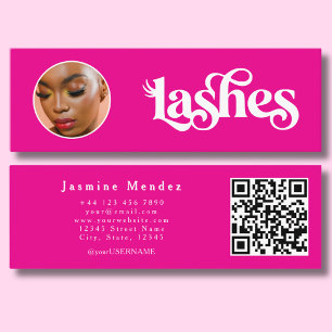 Carte De Visite Mini Code QR photo de technicienne de cils rose vibrant