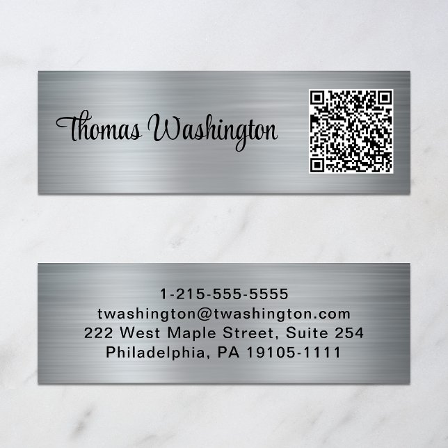 Carte De Visite Mini Code QR professionnel élégant Script Argent (Créateur téléchargé)