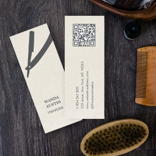Carte De Visite Mini Code QR Rasoir de Coiffeur Biege Rustique Kraft 