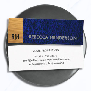 Carte De Visite Mini Cuir Bleu Marine et Panneau Or Monogramme Premium