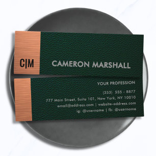 Carte De Visite Mini Cuir Vert avec Monogramme Accentué de Cuivre Métal