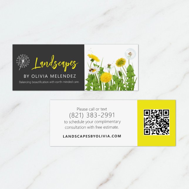 Carte De Visite Mini Dandelion Natural Lawn Care Service Black & Yellow (Créateur téléchargé)