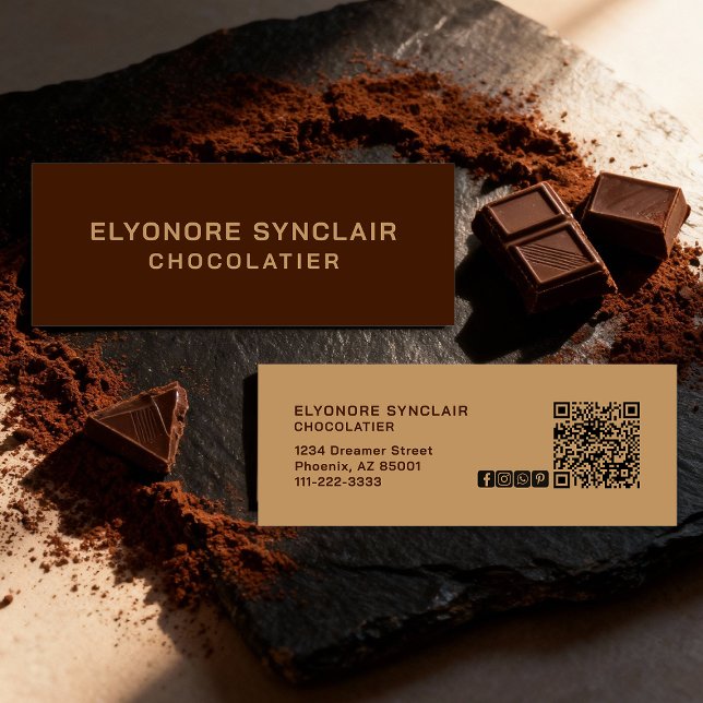 Carte De Visite Mini Elegant Brown Chocolatier Social Icon QR Code  (Créateur téléchargé)
