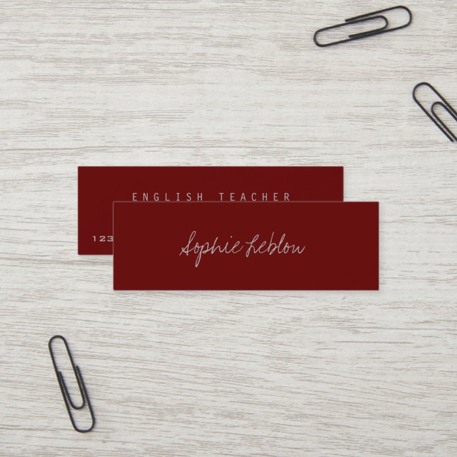 Carte De Visite Mini Élégant minimaliste enseignant anglais foncé-rouge (Devant/Arrière en situation)