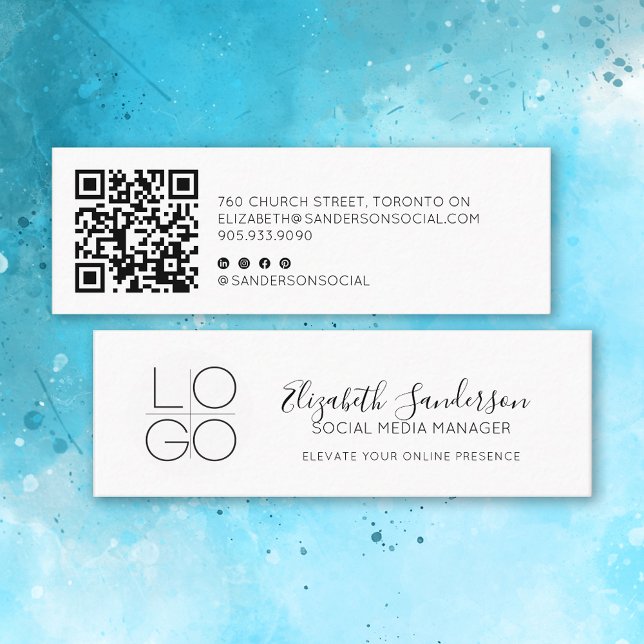 Carte De Visite Mini Élégant script minimal mince avec CODE QR (Elegant Minimal Script Mini Double-Sided Business cards with QR code)
